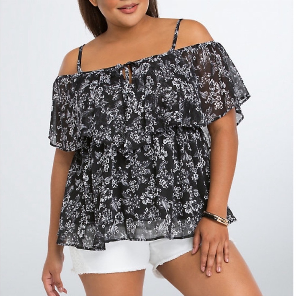 Torrid Off-Shoulder Ruffle Black Floral Top